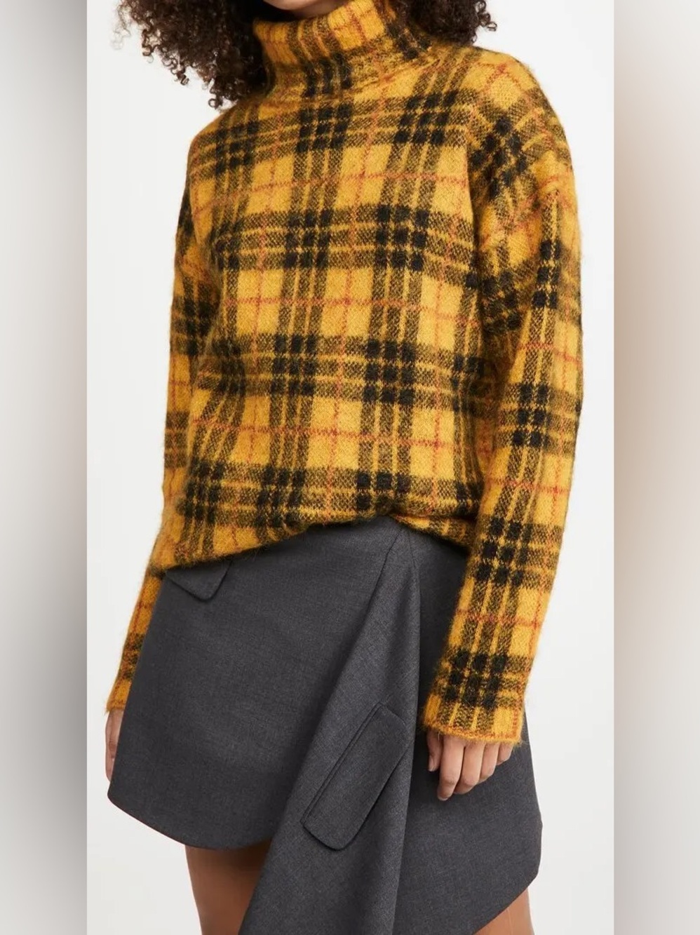 Monse Tartan Mohair Turtleneck Sweater yellow black plaid brushed mohair sz M